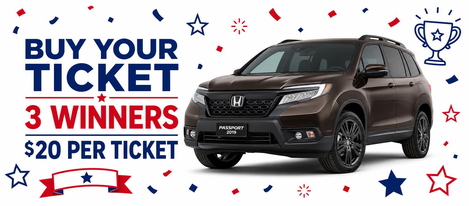 Compra tu ticket — 3 ganadores, $20 por ticket. Honda Passport SUV como primer premio
